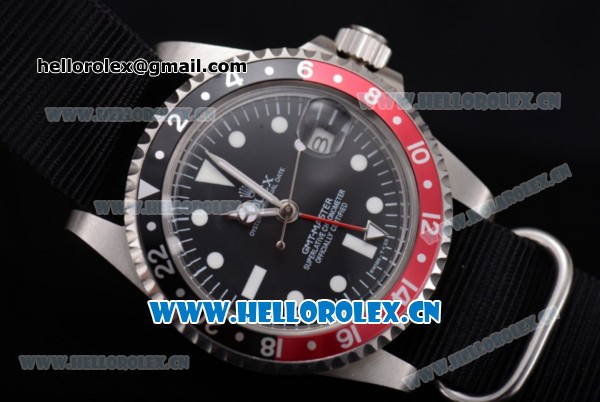 Rolex GMT-Master Asia 2813 Automatic Steel Case with Black Dial Black Nylon Strap and Dot Markers - Click Image to Close